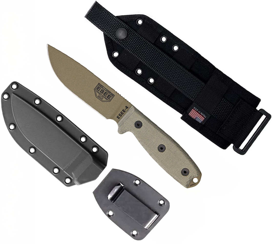 ESEE-4 Plain Edge Fixed Blade Dark Earth Blade with Micarta & MOLLE Sheath