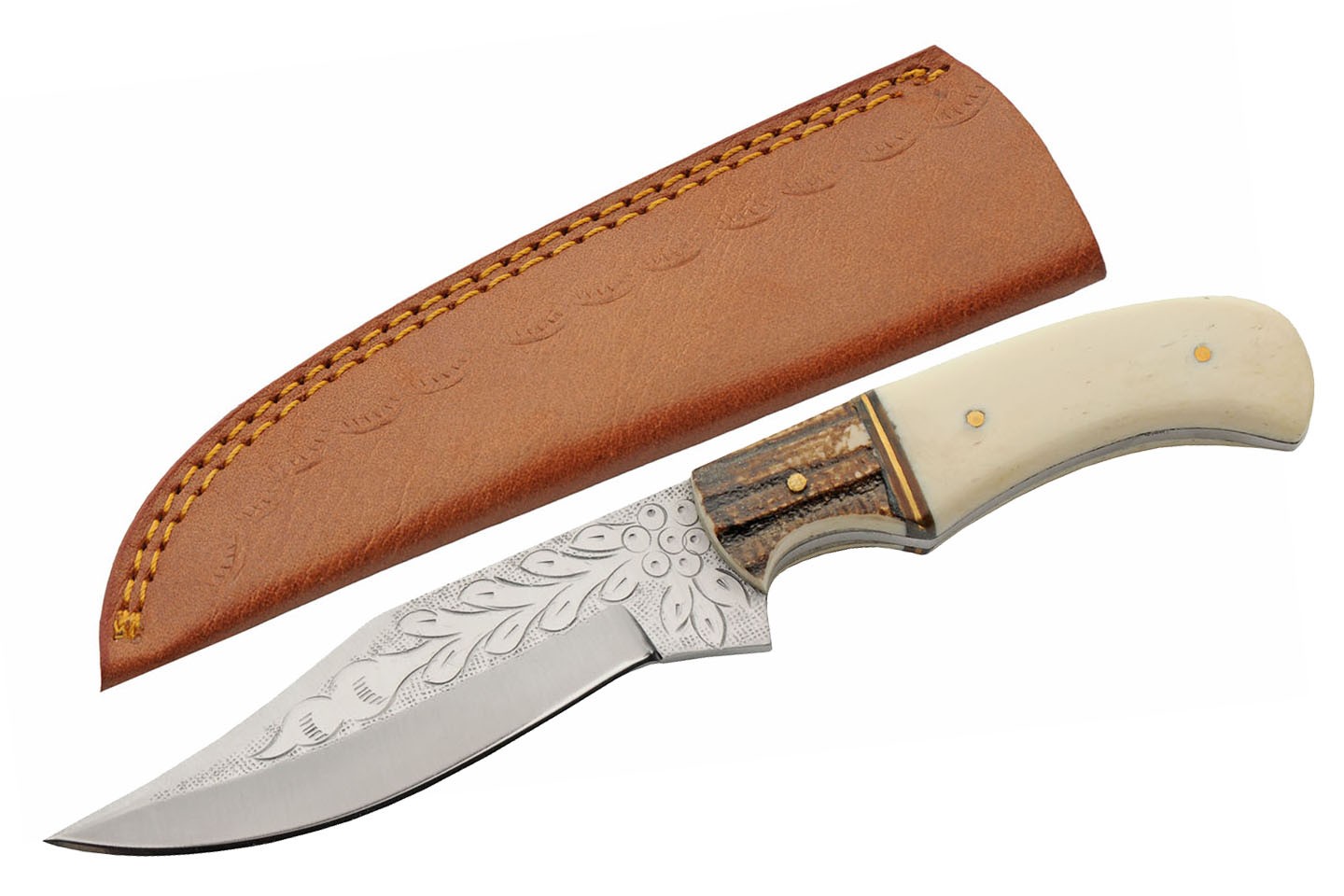 Hunting Knife 8.75″ Camel Bone Handle Stag Bolster Engraved Clip Blade + Sheath
