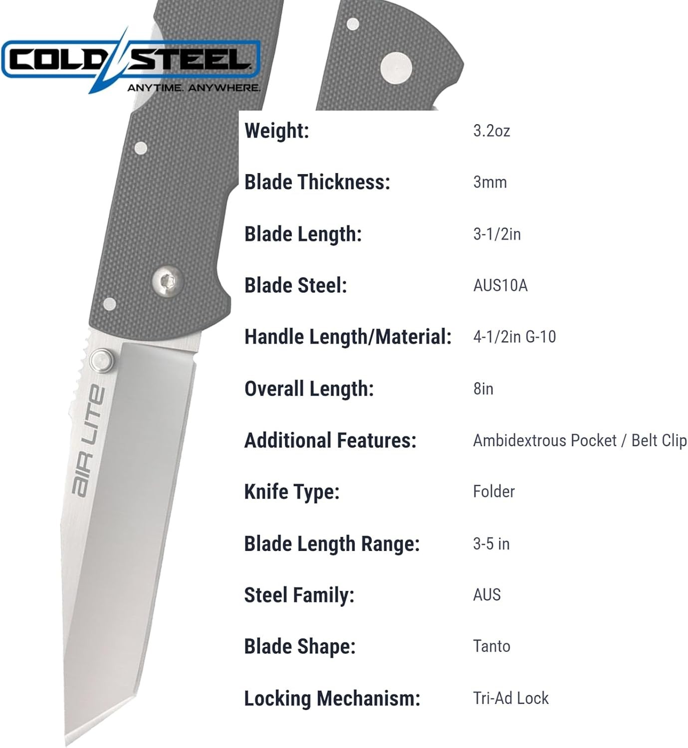 Cold Steel Air Lite Tanto 3.5″ AUS10A Folding Knife G-10 Handle Compact EDC