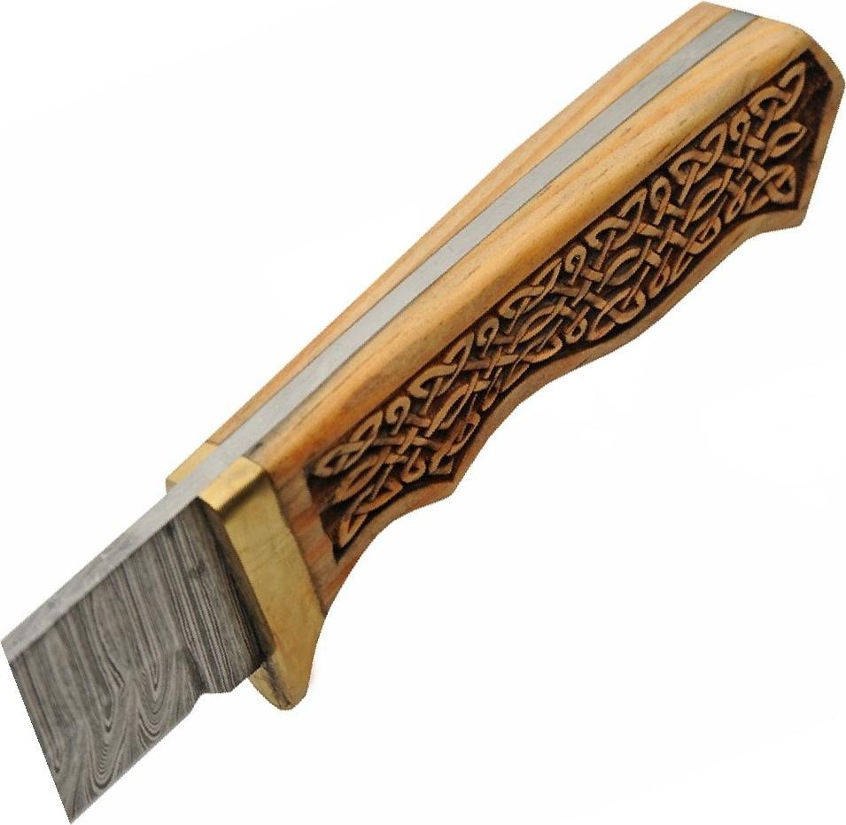 Seax Knife 4.5in Damascus Steel Blade Wood Handle Viking Saxon + Leather Sheath
