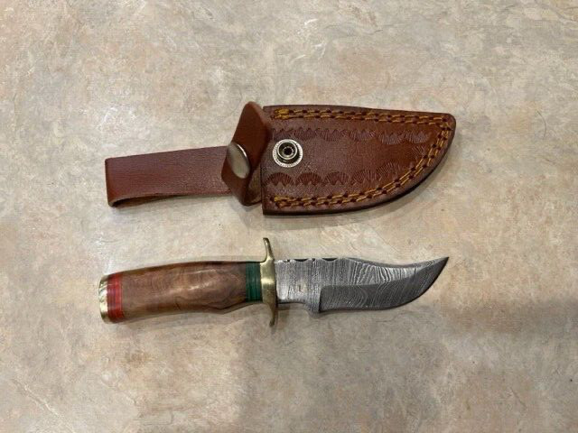 Sweet Mini Damascus Bowie knife w walnut colored wood handle in leather sheath