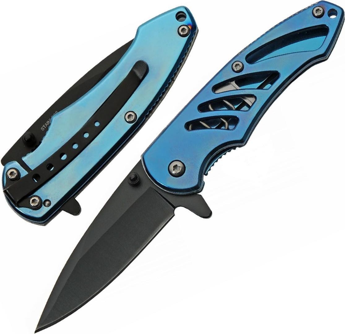 Spring-Assist Pocket Knife 2.5in Steel Black Blade Blue Iridescent Handle