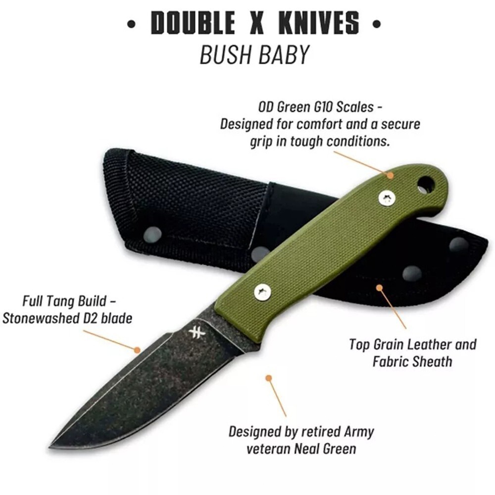 Double X Knives Bush Baby Knife 2.75″ D2 Fixed Blade G10 Handle with Sheath