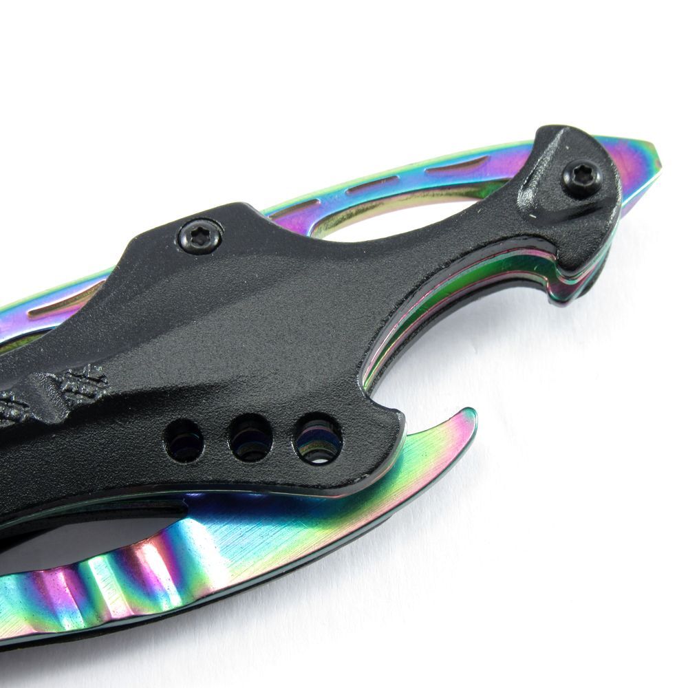 NEW Spring-Assist Folding Knife Tac-Force Serrated Blade Rainbow Black Survival