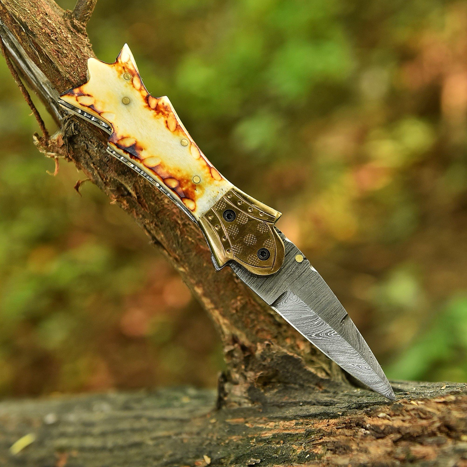 Damascus Knife Folding Dagger Double Edge Blade Pocket Knives Burn Camel Bone