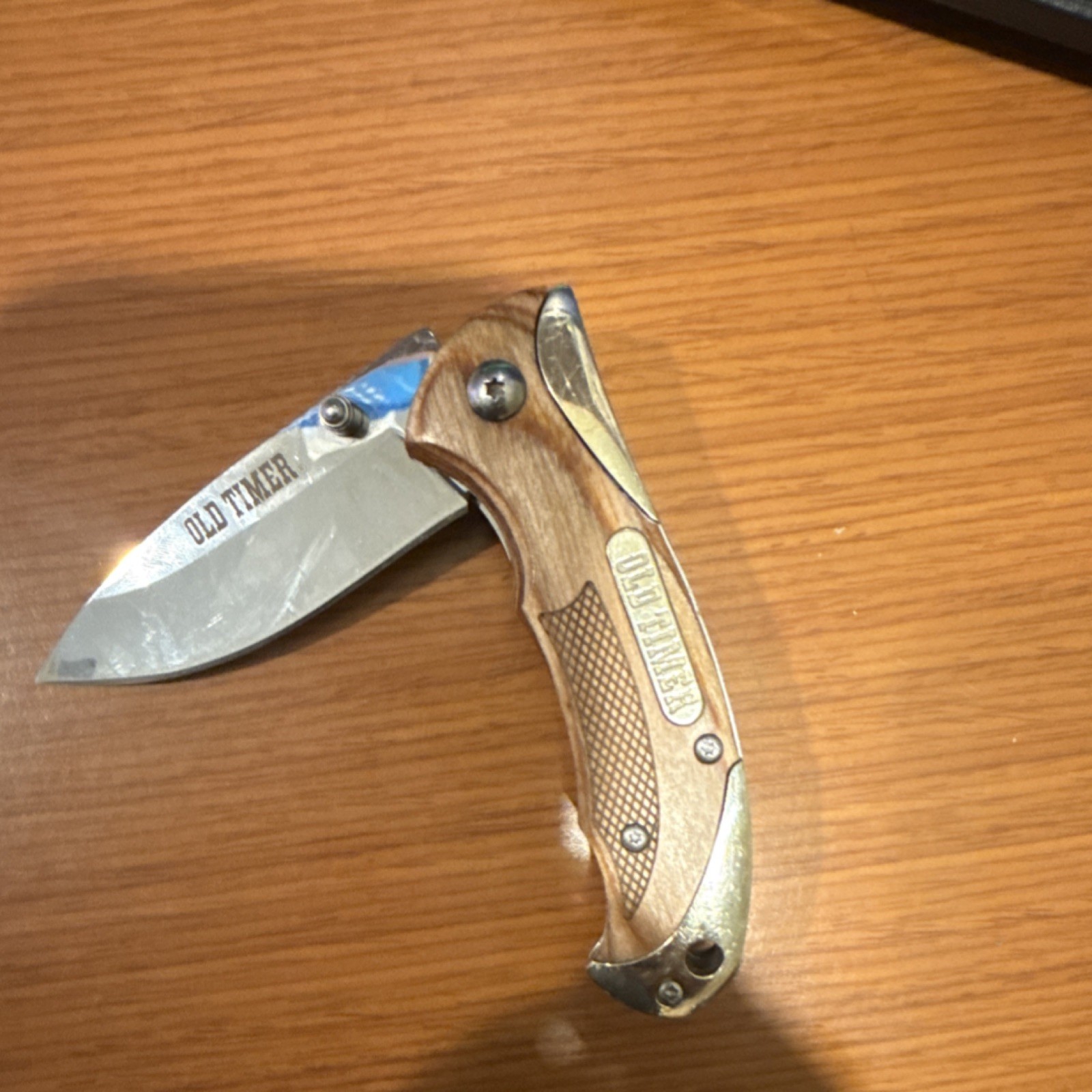 Old Timer Stainless Steel Pocket Knife Wood Metal Handle Pocket Clip