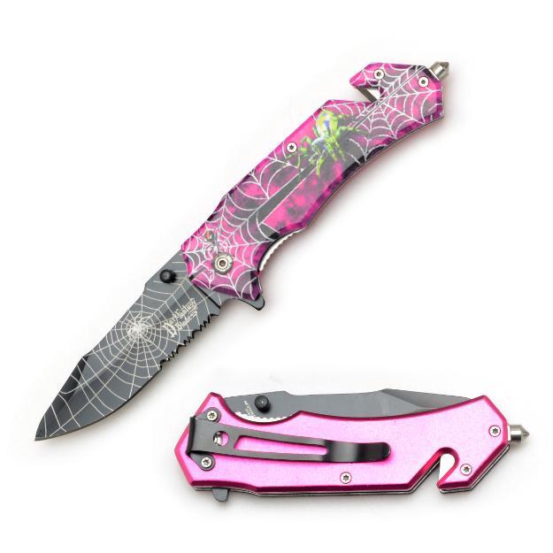 8″ DARK FANTASY BLADES SPIDER WEB GRAPHIC SPRING ASSISTED FOLDING KNIFE PINK