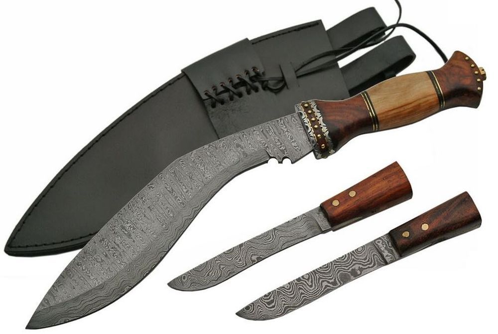 FIXED-BLADE MACHETE 18″ Damascus Steel Blade Gurkha Kukri Military Combat Knife