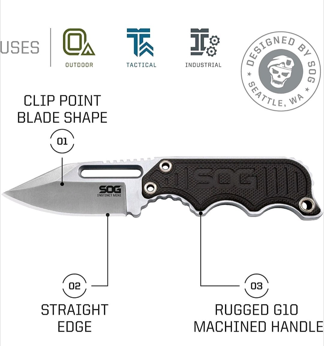 SOG Instinct Mini Small Fixed Blade Knife- 8.75 Inch x 1 Inch x 4 Inch Full Tang