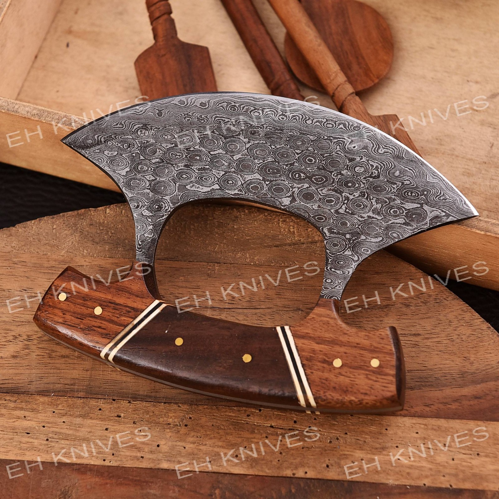 Handmade Damascus Steel Ulu Vintage Alaskan Kitchen Chef Knife with Sheath