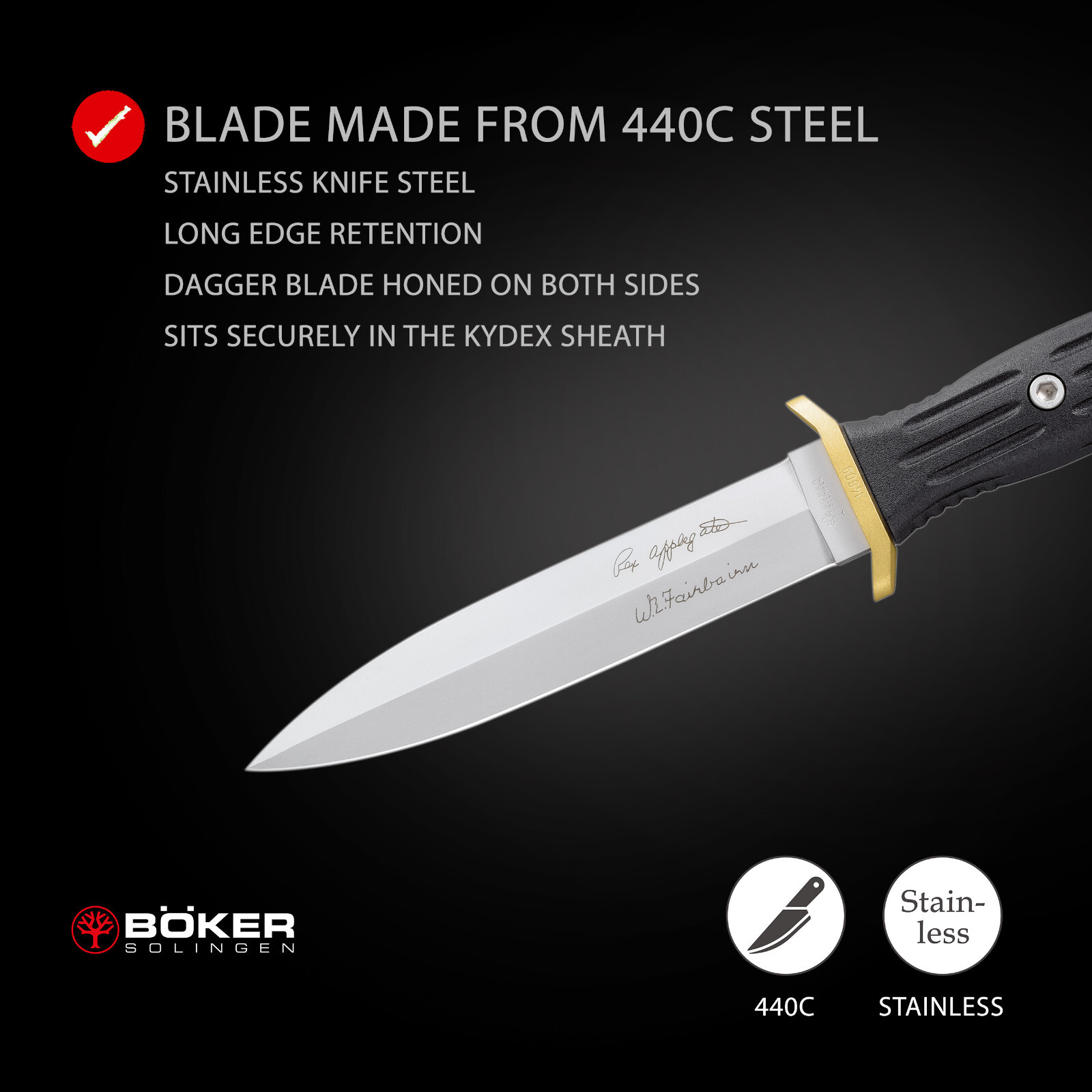 Boker Applegate-Fairbairn Combat II Fixed Knife 5.91″ Blade 440C ✔️ 120543AF