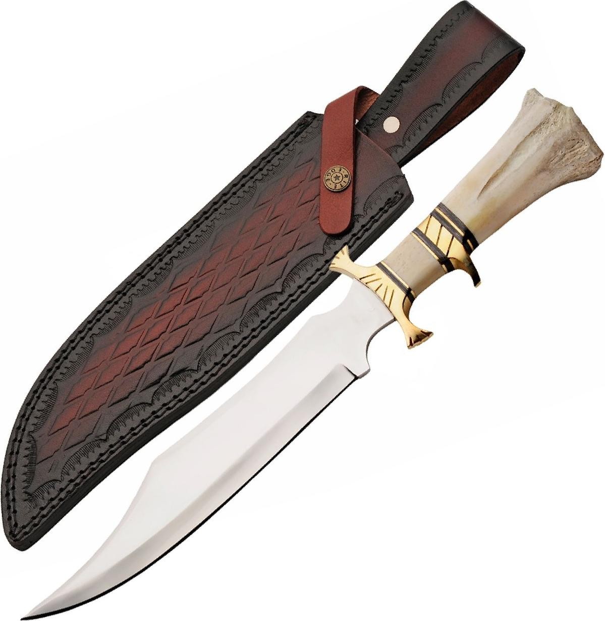Bowie Knife | 10in Stainless Steel Blade White Bone Handle + Leather Sheath