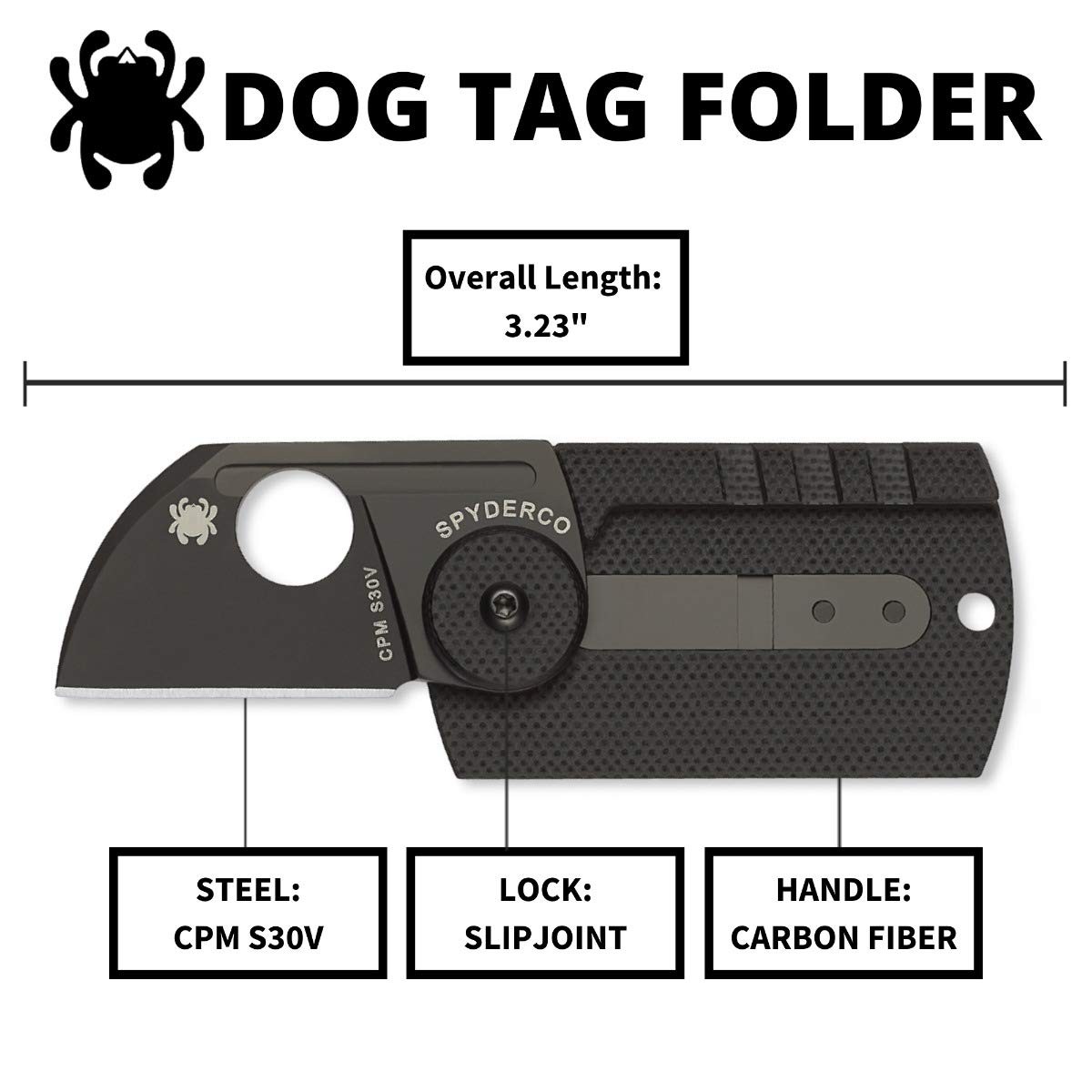 Spyderco Dog Tag Non-Locking Knife 1.23 Cpm S30V Steel Blade And Durable Black