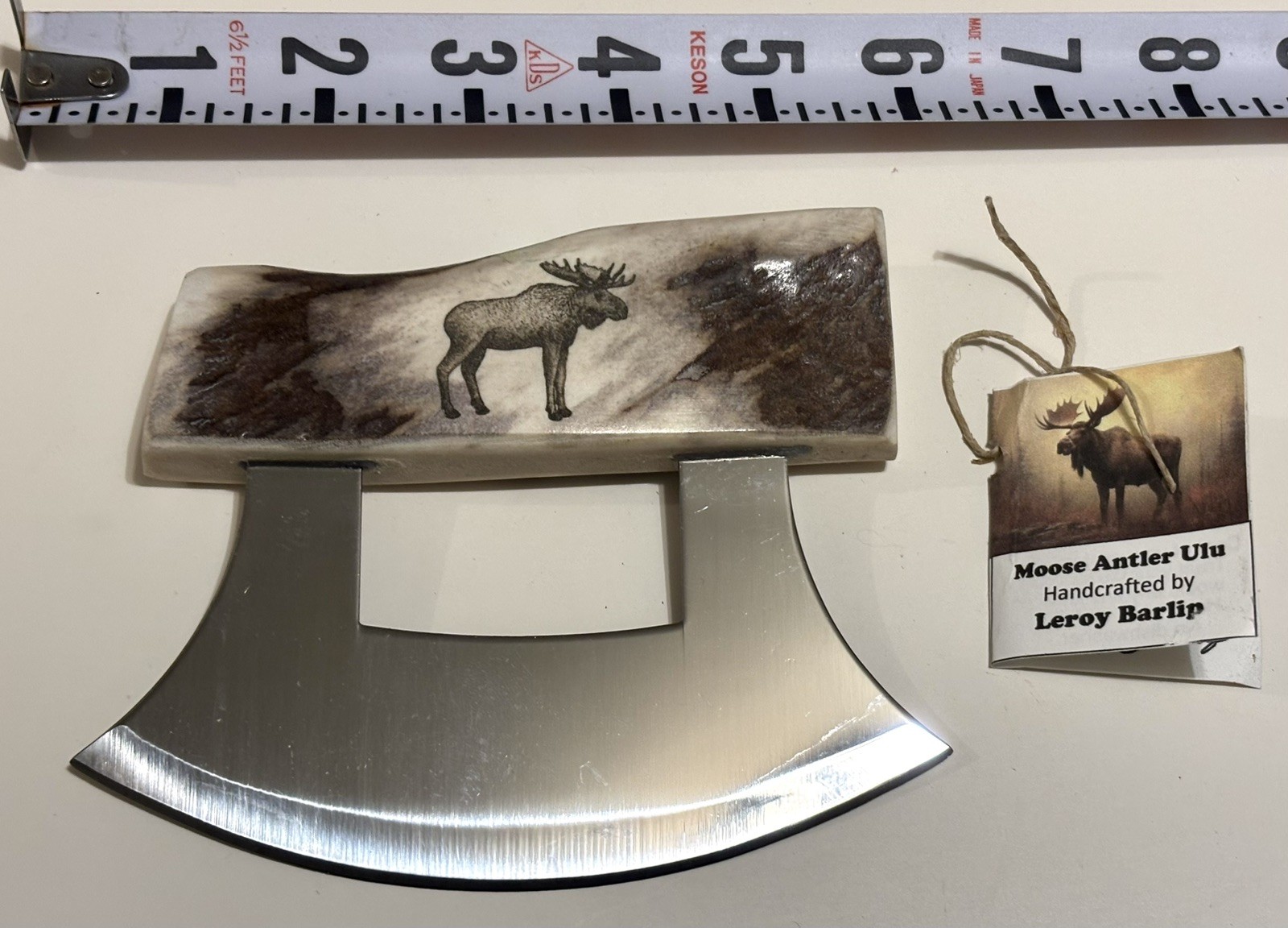 Alaska Eskimo Ulu Knife With Scrimshaw Moose On Moose Antler Handle Custom Made