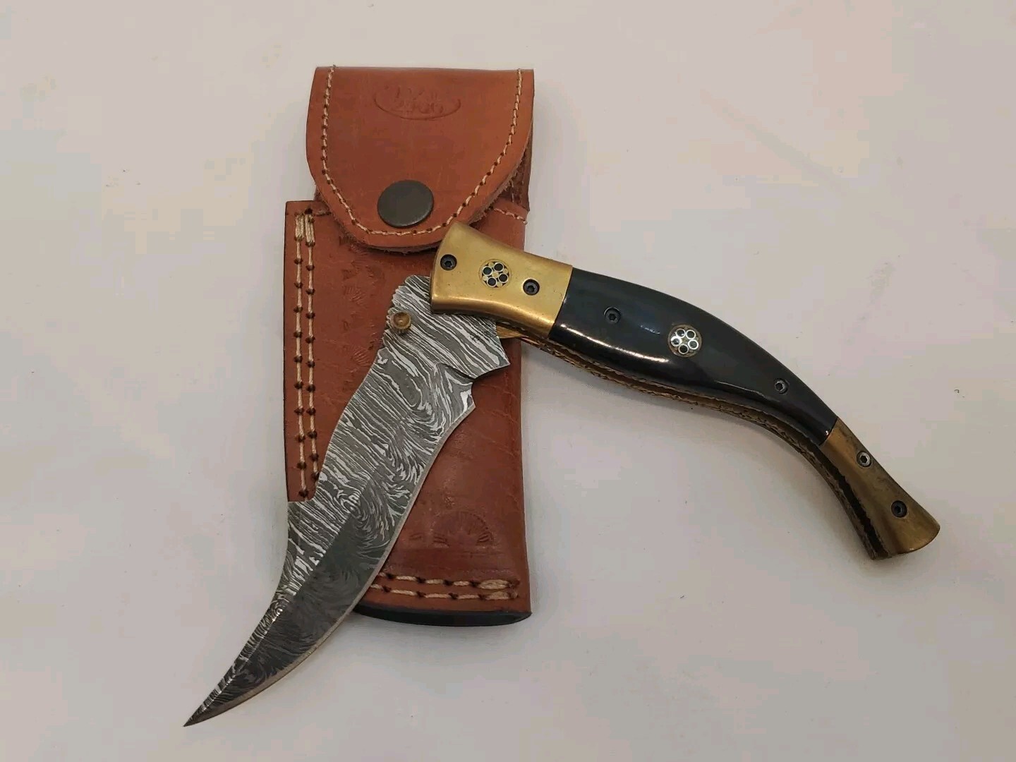 PAL 2000 Folding Knife Hunting Lock Back Damascus In Leather Sheath F7
