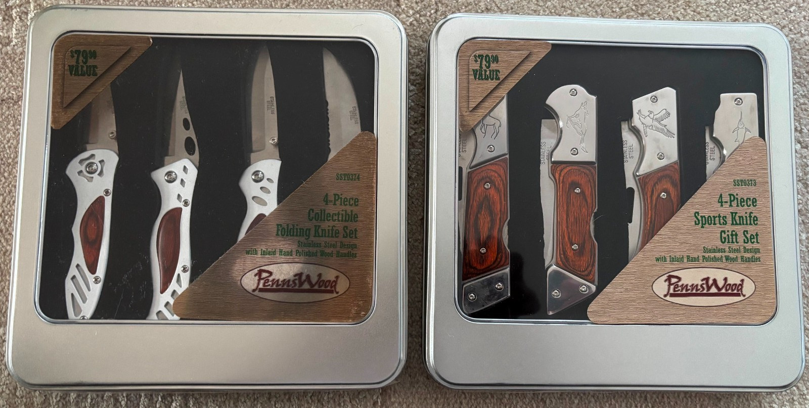 Sports Knife Gift Sets – 2, 4pc PennsWood; Stainless Steel, Polished Wood Handle