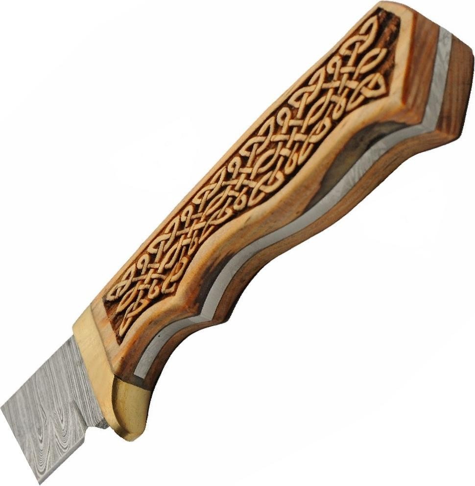 Seax Knife 4.5in Damascus Steel Blade Wood Handle Viking Saxon + Leather Sheath