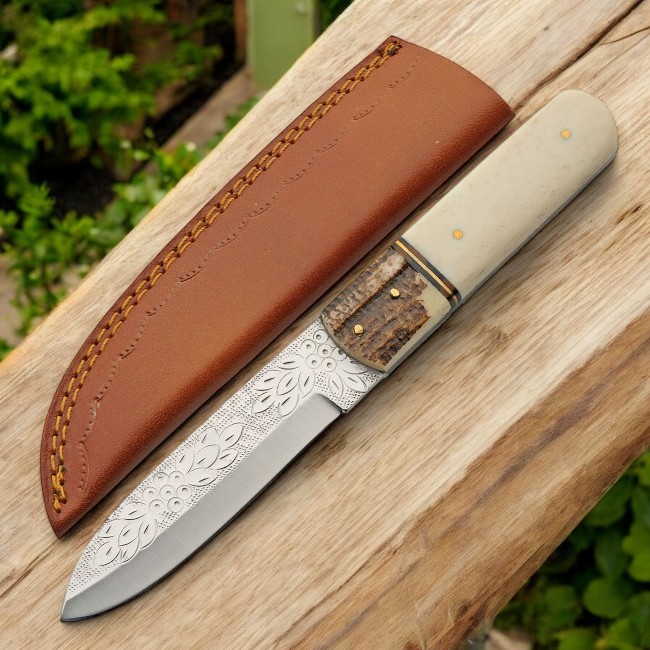 Hunting Skinner Knife 8.75″ Full Tang Camel Bone Handle Engraved Blade + Sheath
