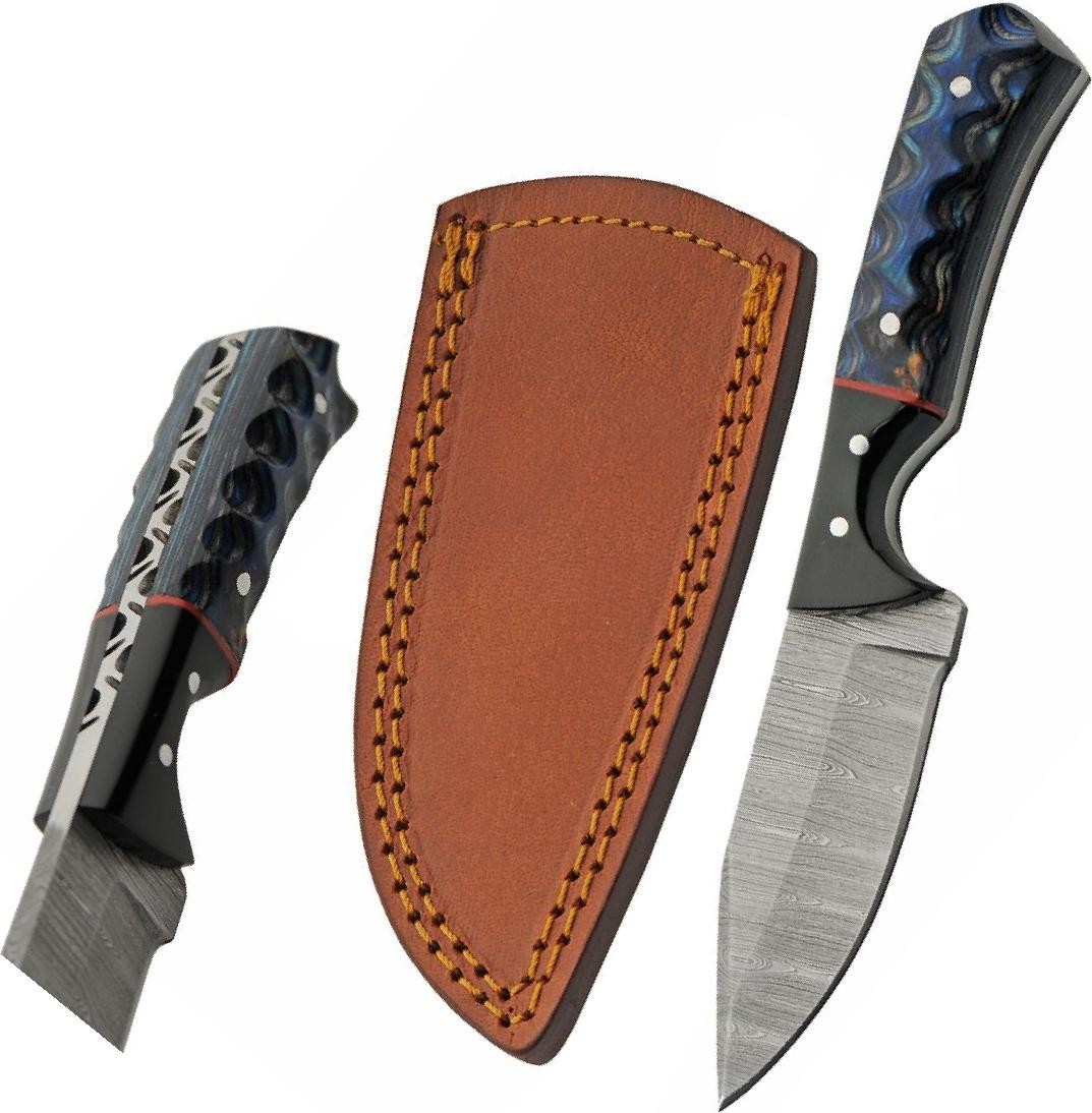 Hunting Knife | Damascus Steel 3in Blade Blue Wood Handle Full Tang + Sheath