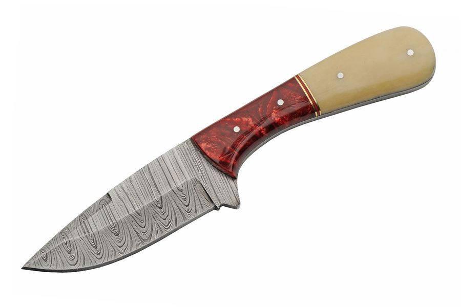 Fixed-Blade Hunting Knife Damascus Steel 3.75in Blade Bone/Red Full Tang Sheath