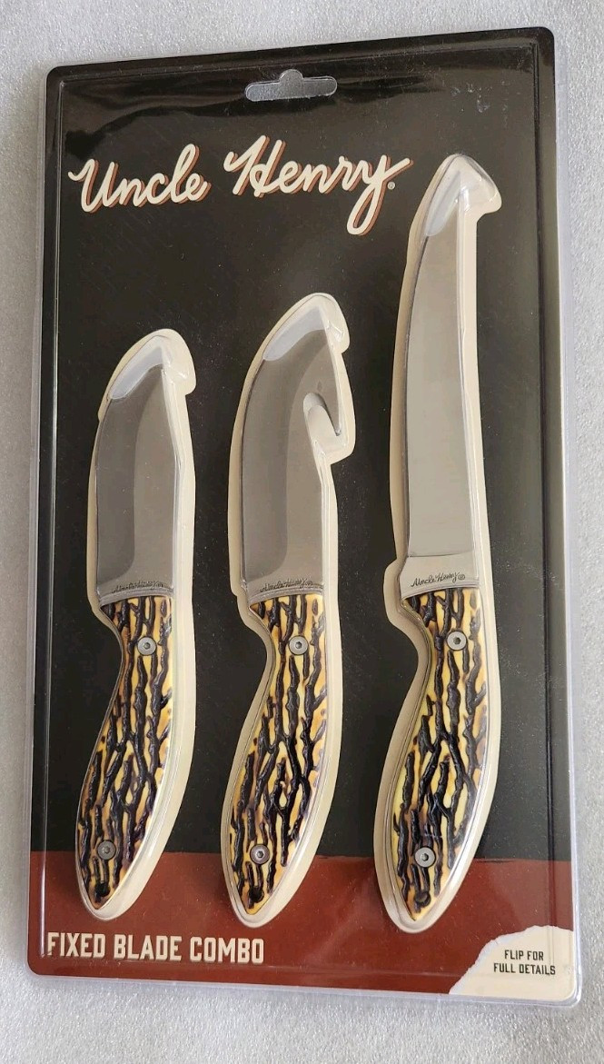 UNCLE HENRY Fixed Blade Hunting Knife Set of 3 w/ Staglon Handles & Sheath – NEW