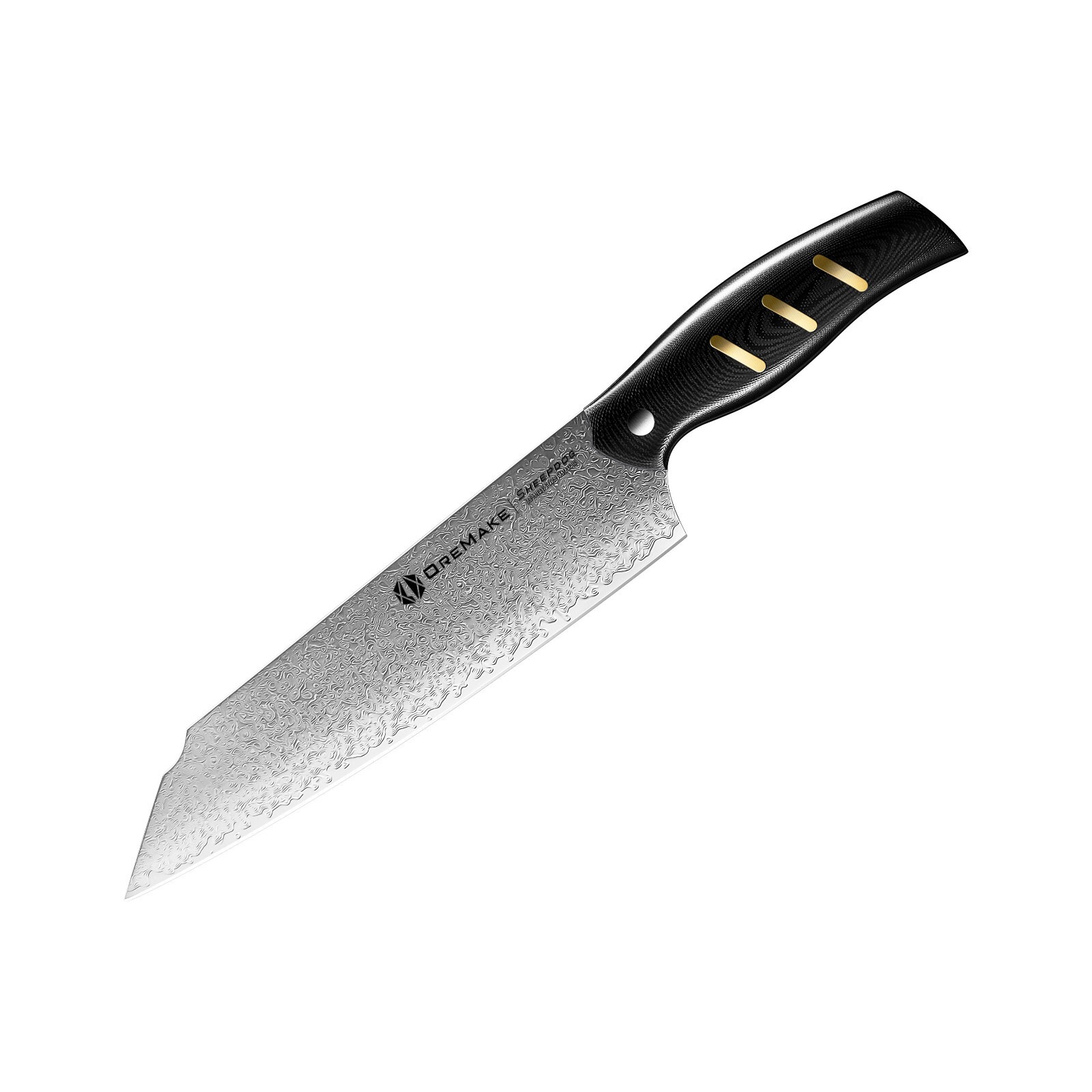 Olight Oremake Sh Kitchen Knife 8″ Damascus Blade, G10 Handle, Brass Inla