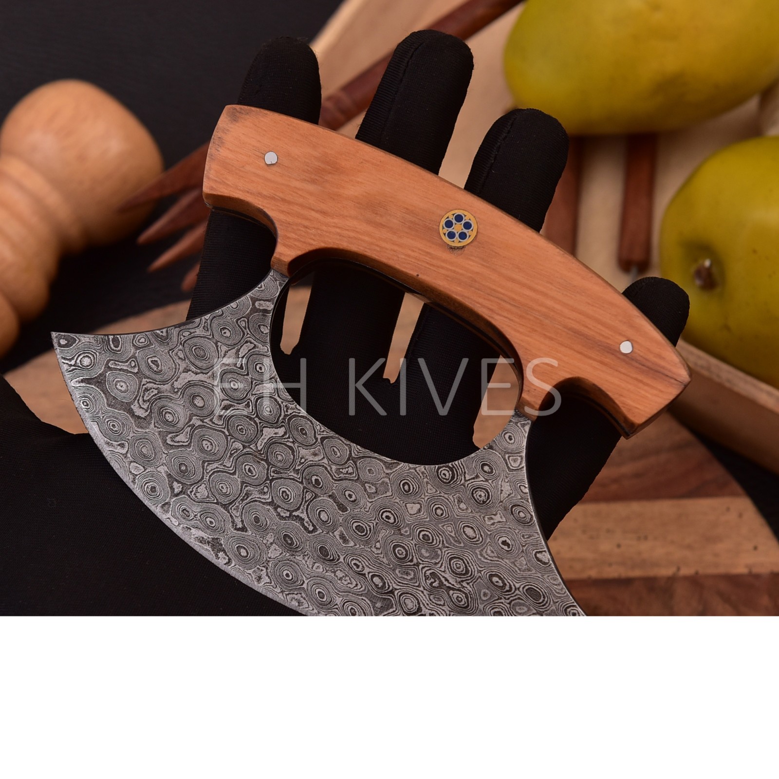 Handmade Damascus Steel Ulu Vintage Alaskan Kitchen Chef Knife with Sheath