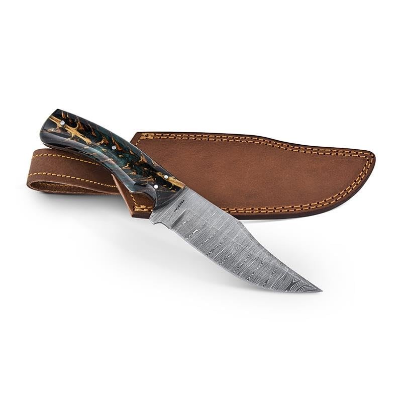 Stauer Mighty Conifer Damascus Fixed Blade Knife Natural Pinecone Handle Sheath