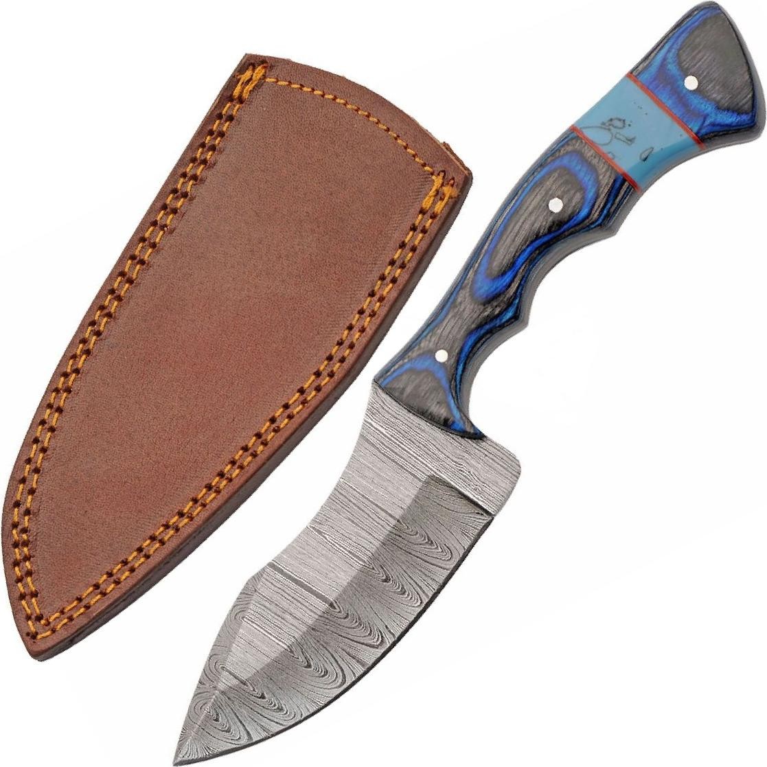 Hunting Knife | 3.75in Damascus Steel Blade Blue Wood Handle Full Tang + Sheath
