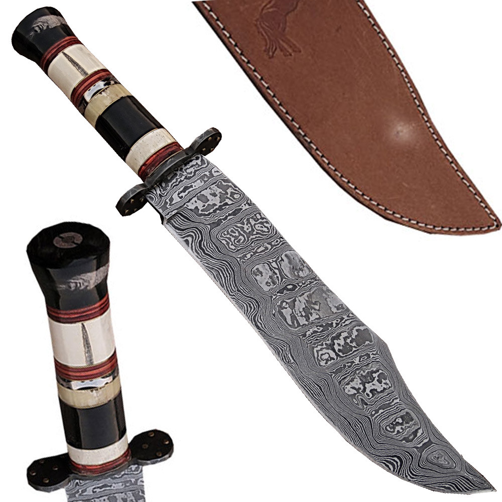 Custom Made Damascus Steel Bowie Knife w/ Buffalo Horn Handle w/ Sheath