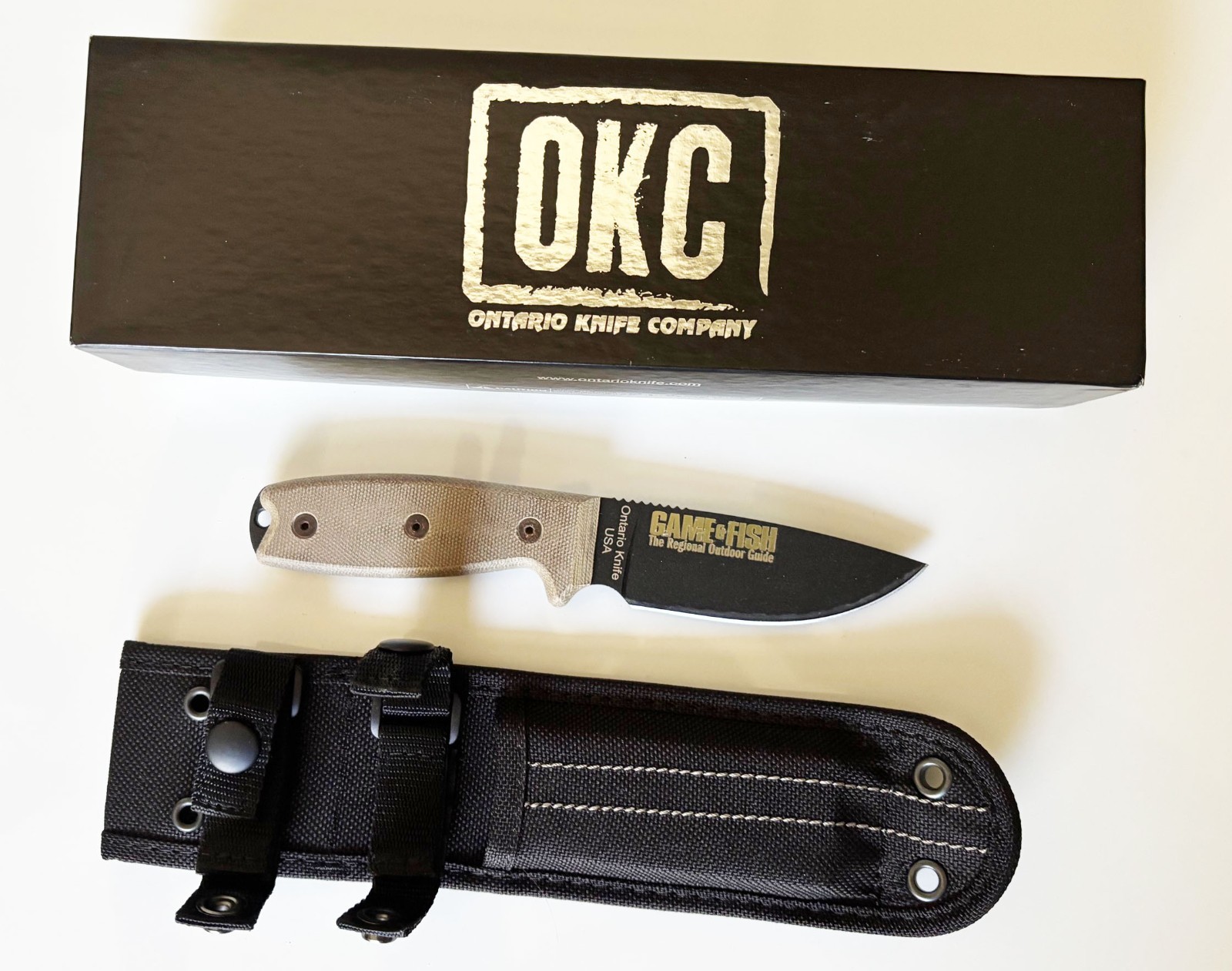 Ontario Knife Company RAT-3 with Black Nylon Sheath, Black/Tan,