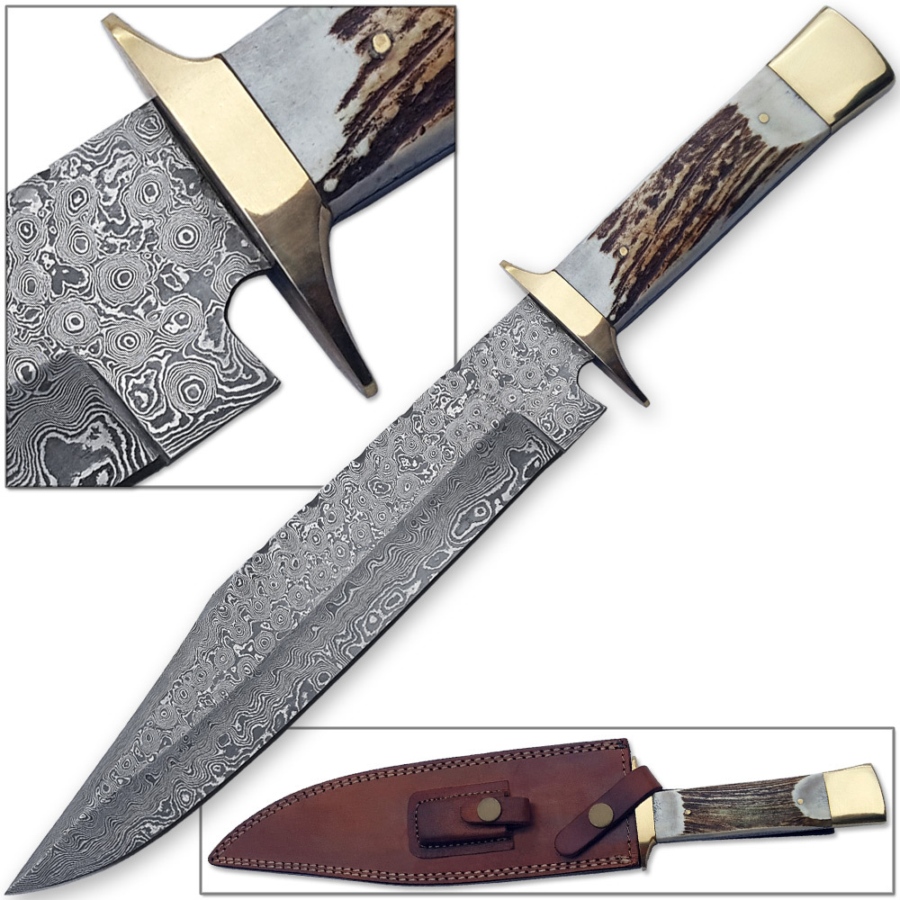 Custom Made Damascus Steel Bowie Hunting Knife w/ Stag Horn Handle 1095 HC Forge