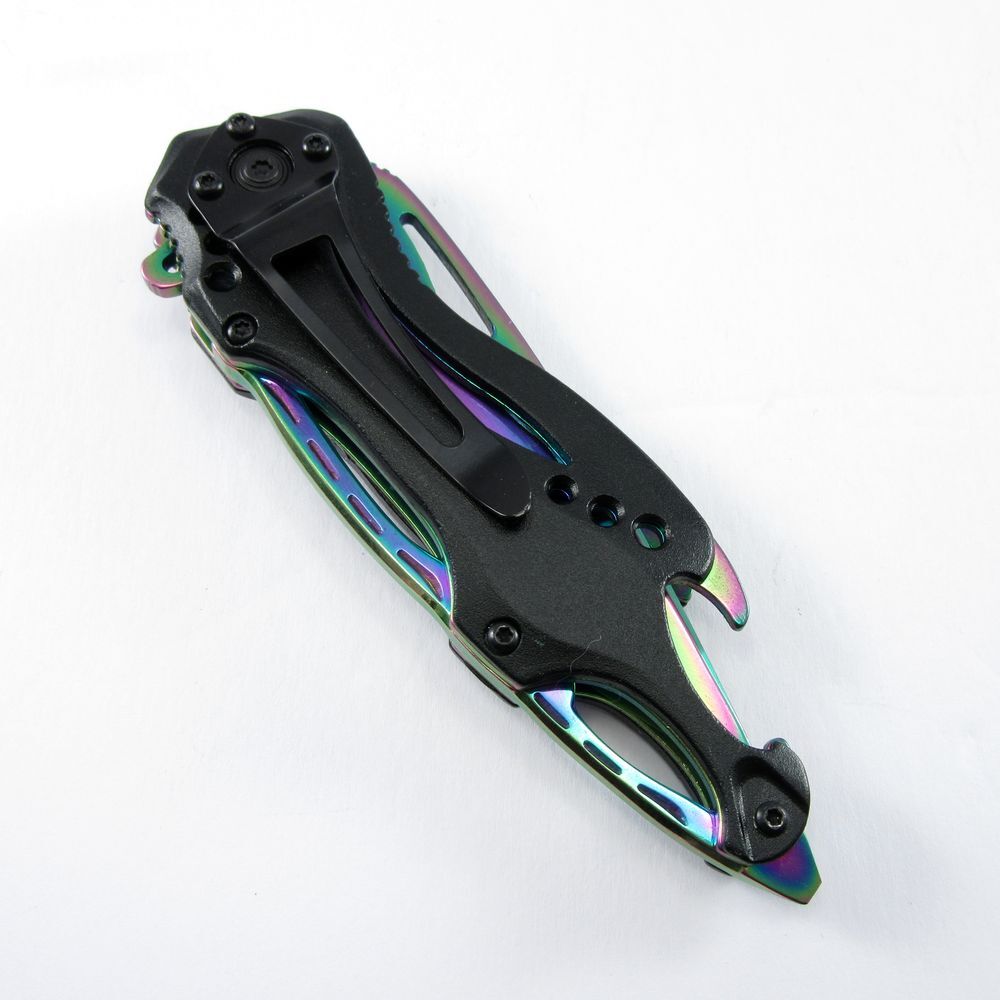 NEW Spring-Assist Folding Knife Tac-Force Serrated Blade Rainbow Black Survival