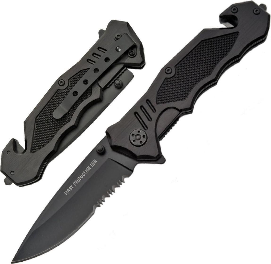 Spring-Assist Folding Pocket Rescue Knife 4in Serrated Black Blade Tactical
