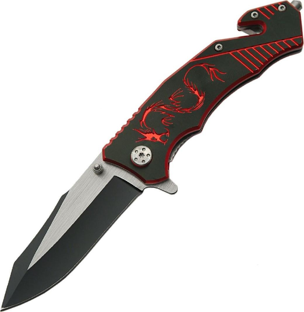 Spring-Assist Pocket Rescue Knife 3.75in Black Blade Red Dragon Tactical EDC
