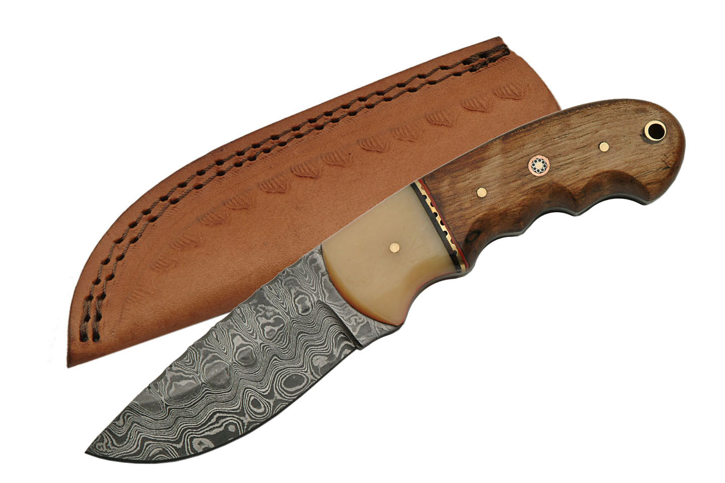 FIXED-BLADE HUNTING KNIFE | 8″ Damascus Steel Blade Bone Walnut Handle Skinner