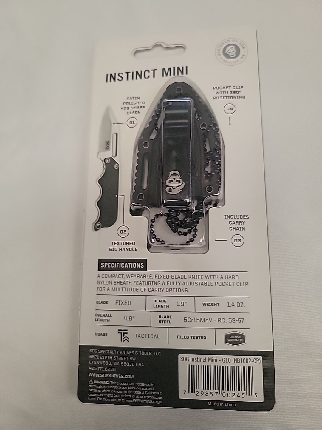 SOG Instinct Mini Knife 1.9″ Satin Plain Edge G10 Handles w/ Sheath – NB1002-CP