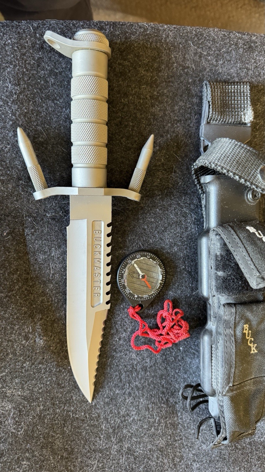 Buckmaster 184 Fixed Blade survival Knife Partially Serrated, Sheath, Gray