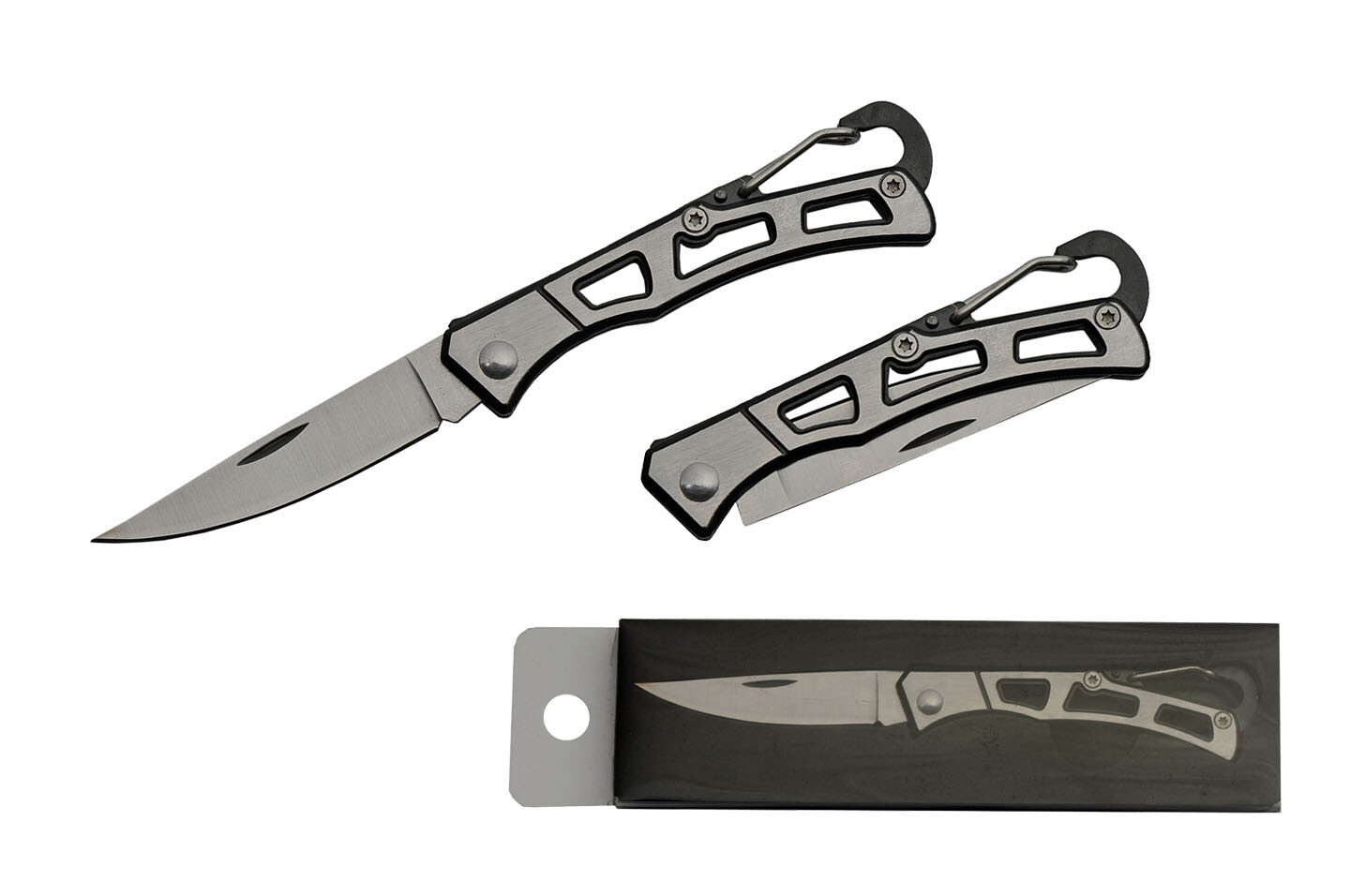 Carabiner Folding Knife | Black Silver Manual Stainless Steel Blade and Handle