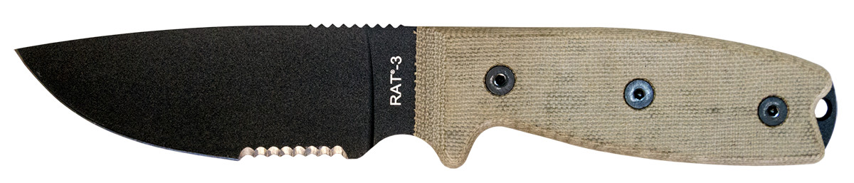 Ontario Knives RAT-3 Fixed Blade Knife 8666 Serrated Carbon Steel Tan Micarta