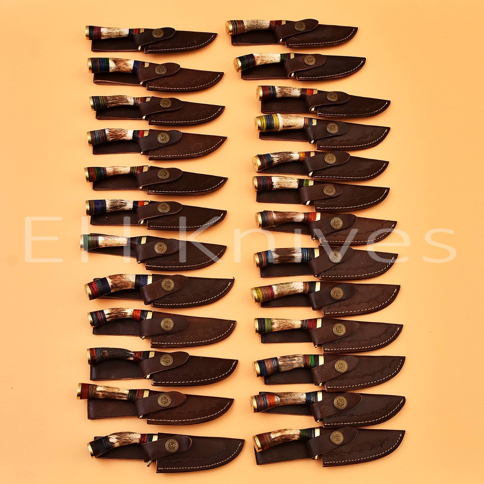 Lot of 40 Handmade Damascus Steel Hunting Sharp Stag/Antler Knives with Sheaths