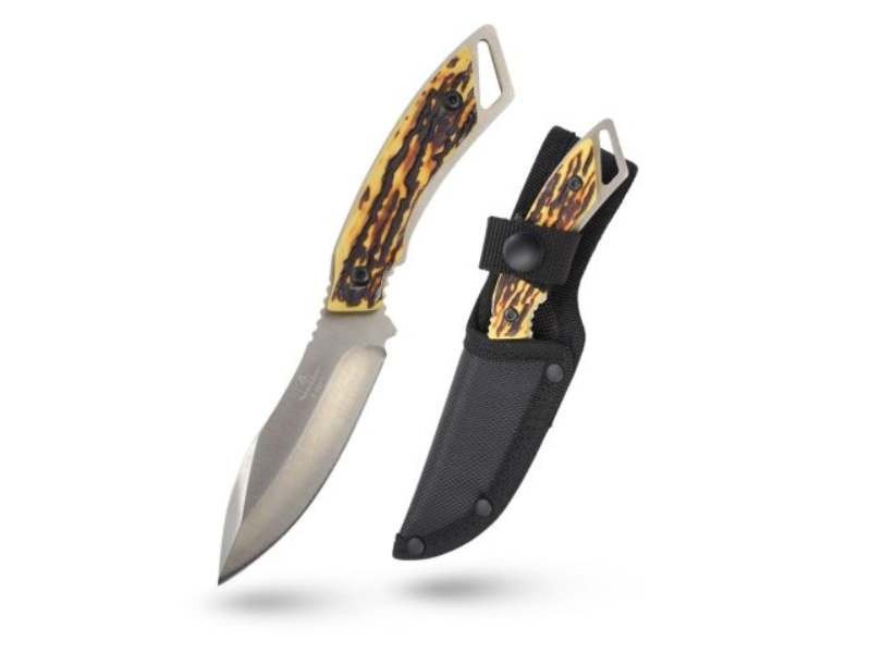 FIXED-BLADE HUNTING KNIFE | Silver Blade Faux Stag Handle Sharp Skinner