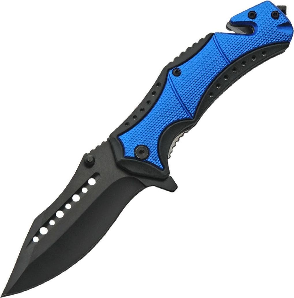 Spring-Assist Folding Pocket Rescue Knife 3.5in Black Blade Blue Metal Handle