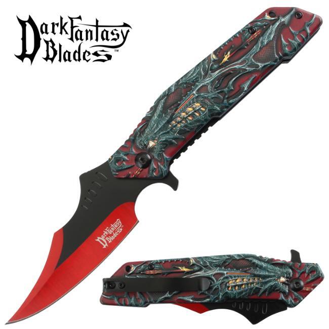 8.5″ DARK FANTASY BLADES DRAGON PRINTED SPRING ASSISTED FOLDING KNIFE RED