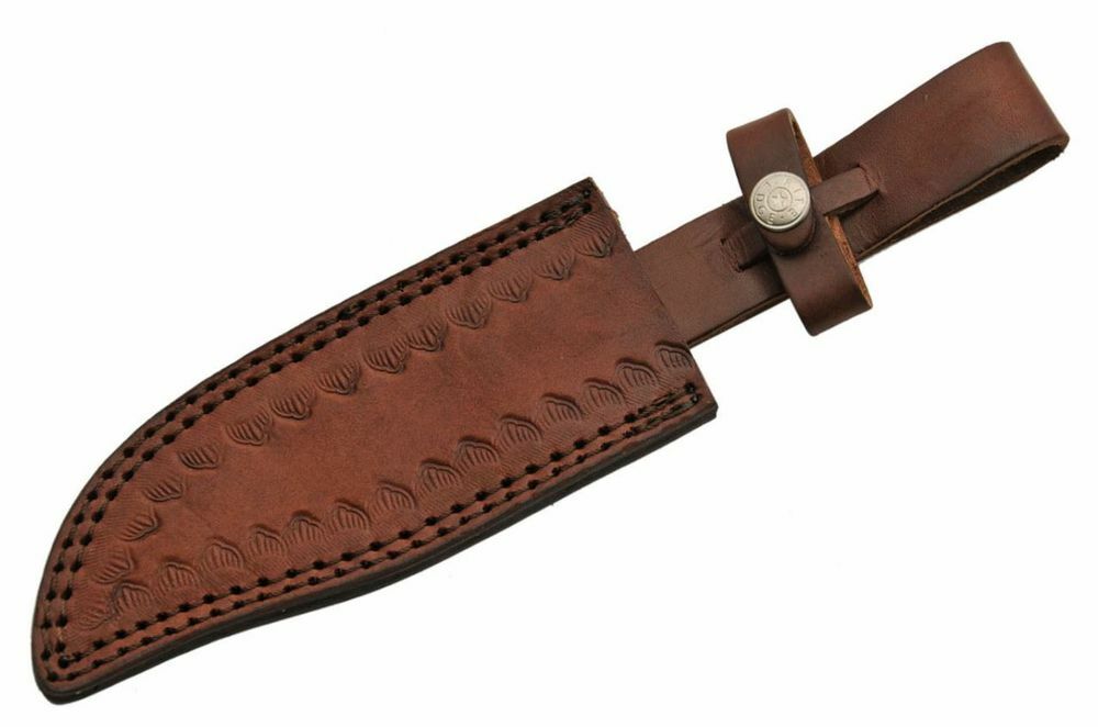 Damascus Steel Hunting Knife | 11″ Overall Rosewood Handle + Leather Sheath