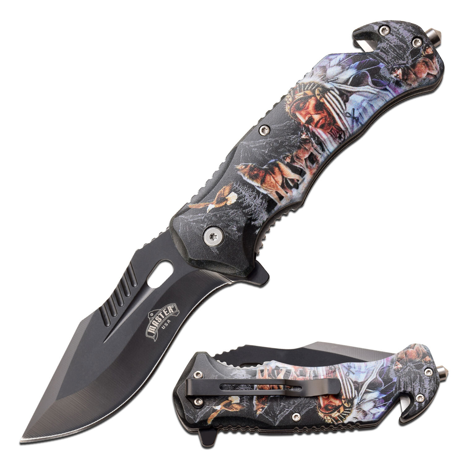 Spring-Assist Folding Knife Black 3.75in Blade Native American Chief Eagle Wolf