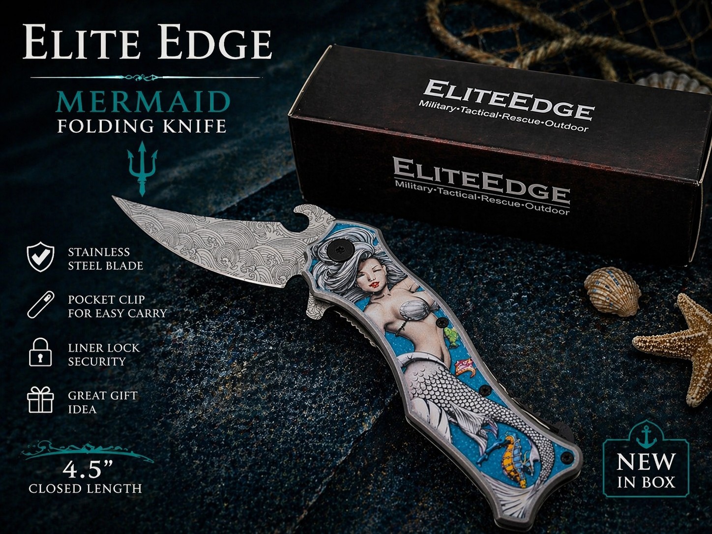 Elite Edge Mermaid Folding Knife 4.5″ Fantasy Pocket Knife Seahorse NEW w/ Box