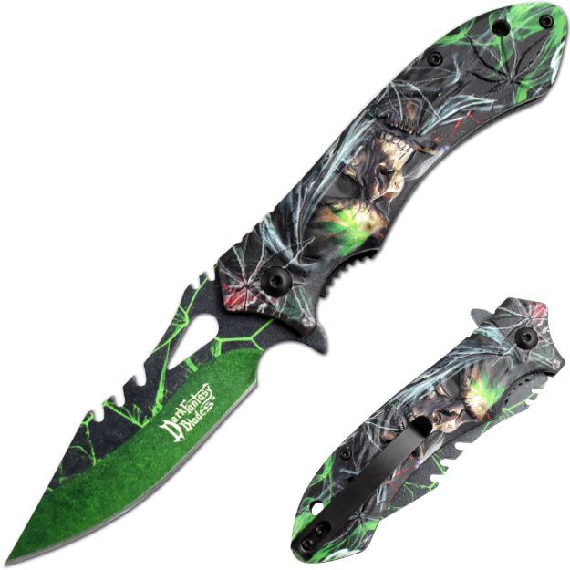 8.5″ DARK FANTASY BLADES SKULL PRINTED SPRING ASSISTED FOLDING KNIFE GREEN