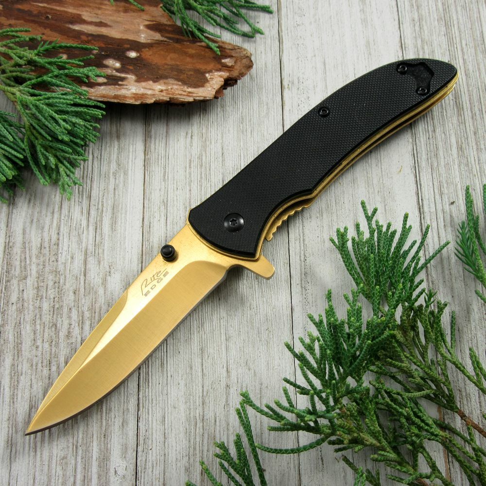 SPRING-ASSIST FOLDING KNIFE Gold Blade Black G10 Handle Tactical Utility EDC