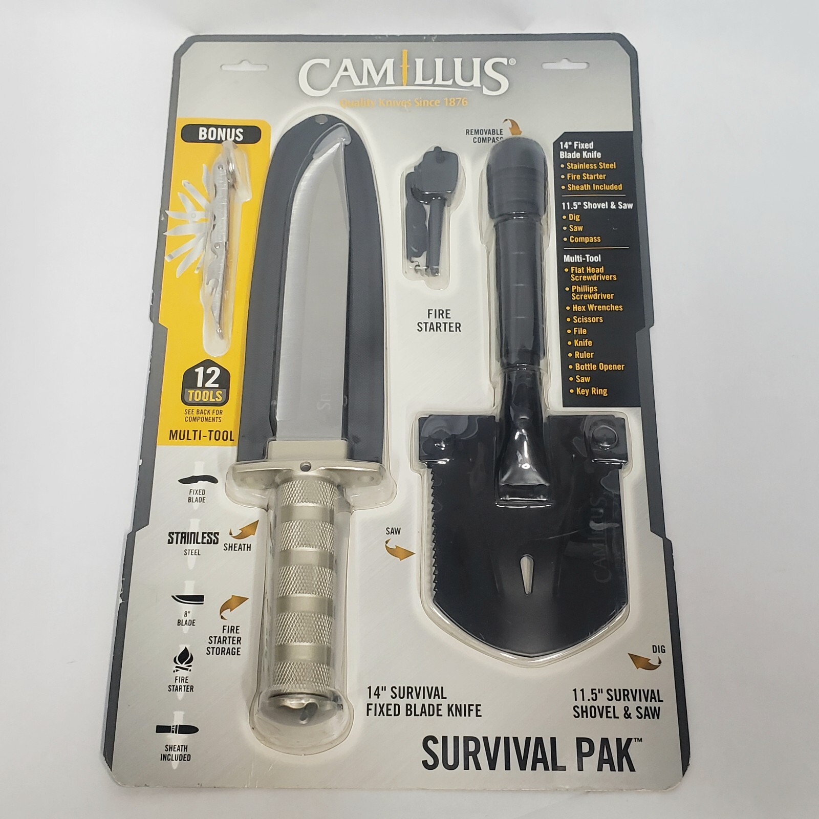 Camillus Survival Pak with 14 inch Knife Shovel Saw Fire Starter Multi Tool